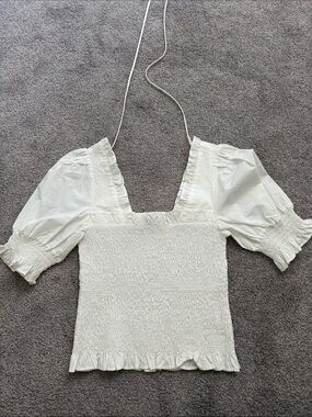 Square-Neck Smocked Puff Sleeve Top in White